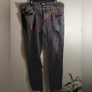 RSQ Mens Slim Str8 Sz (31x32) Distressed Black w/ (Red Splat Paint) Jeans.